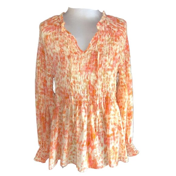 Rose + Olive Tops - Rose + Olive Womens Small Orange & Pink Smocked Peplum Blouse Long Sleeve